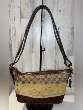 Coach East West Tri-Stiped Duffle Bag Convertible Straps Suede Jaquard & Leather
